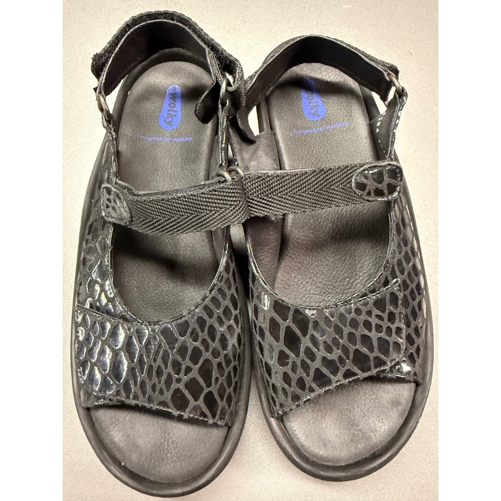 Wolky Jewel Black Snake Embossed Patent Leather Walking Sandals 3204 Size 40